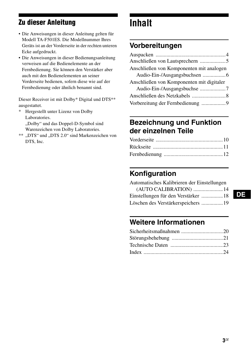 Inhalt, Zu dieser anleitung, Vorbereitungen | Bezeichnung und funktion der einzelnen teile, Konfiguration, Weitere informationen | Sony TA-F501ES User Manual | Page 71 / 96