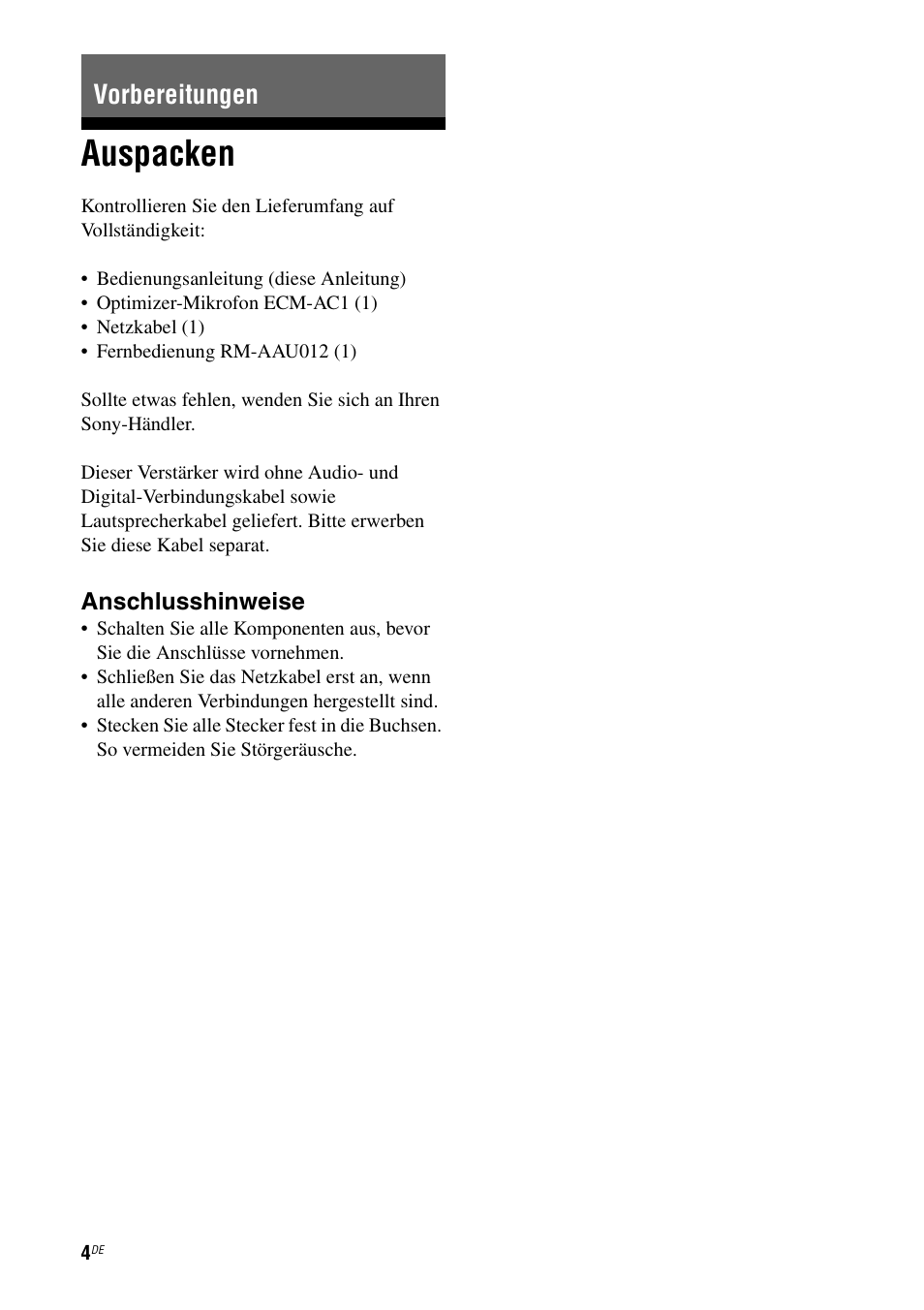 Vorbereitungen, Auspacken | Sony TA-F501ES User Manual | Page 72 / 96
