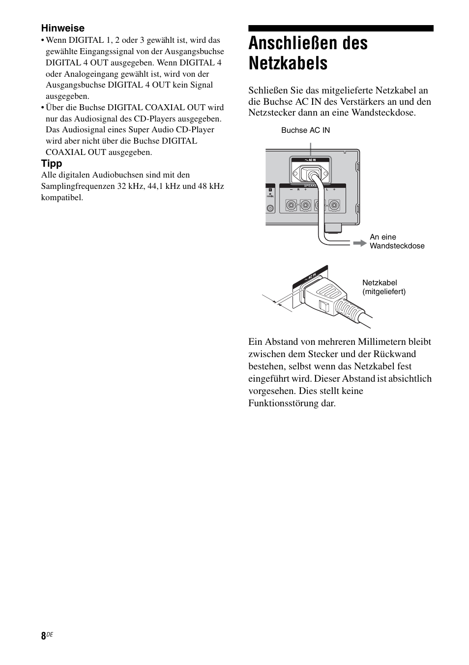 Anschließen des netzkabels | Sony TA-F501ES User Manual | Page 76 / 96