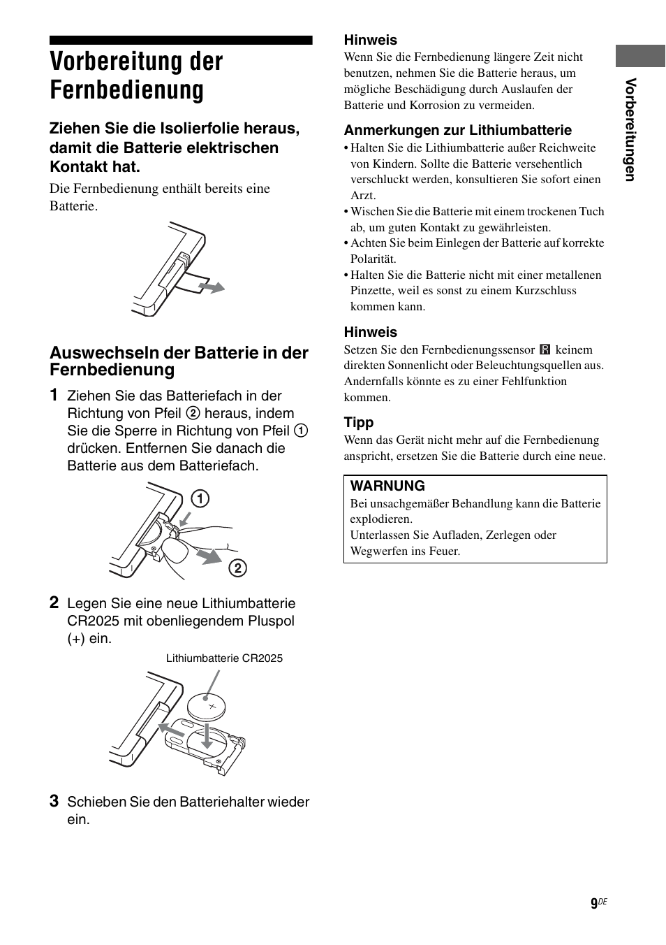 Vorbereitung der fernbedienung, Auswechseln der batterie in der fernbedienung 1 | Sony TA-F501ES User Manual | Page 77 / 96