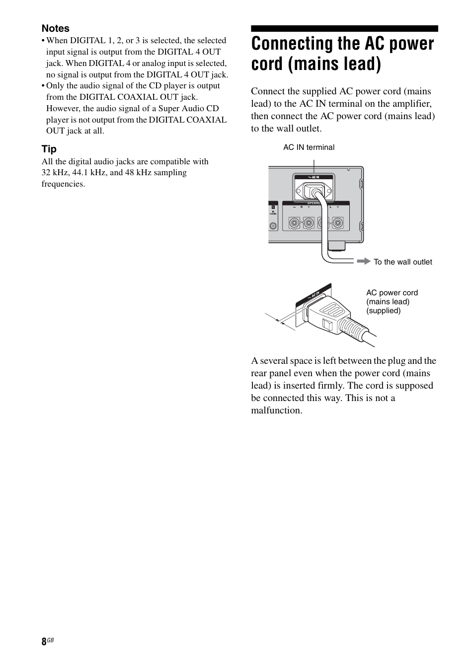 Connecting the ac power cord (mains lead), Connecting the ac power cord, Mains lead) | Sony TA-F501ES User Manual | Page 8 / 96
