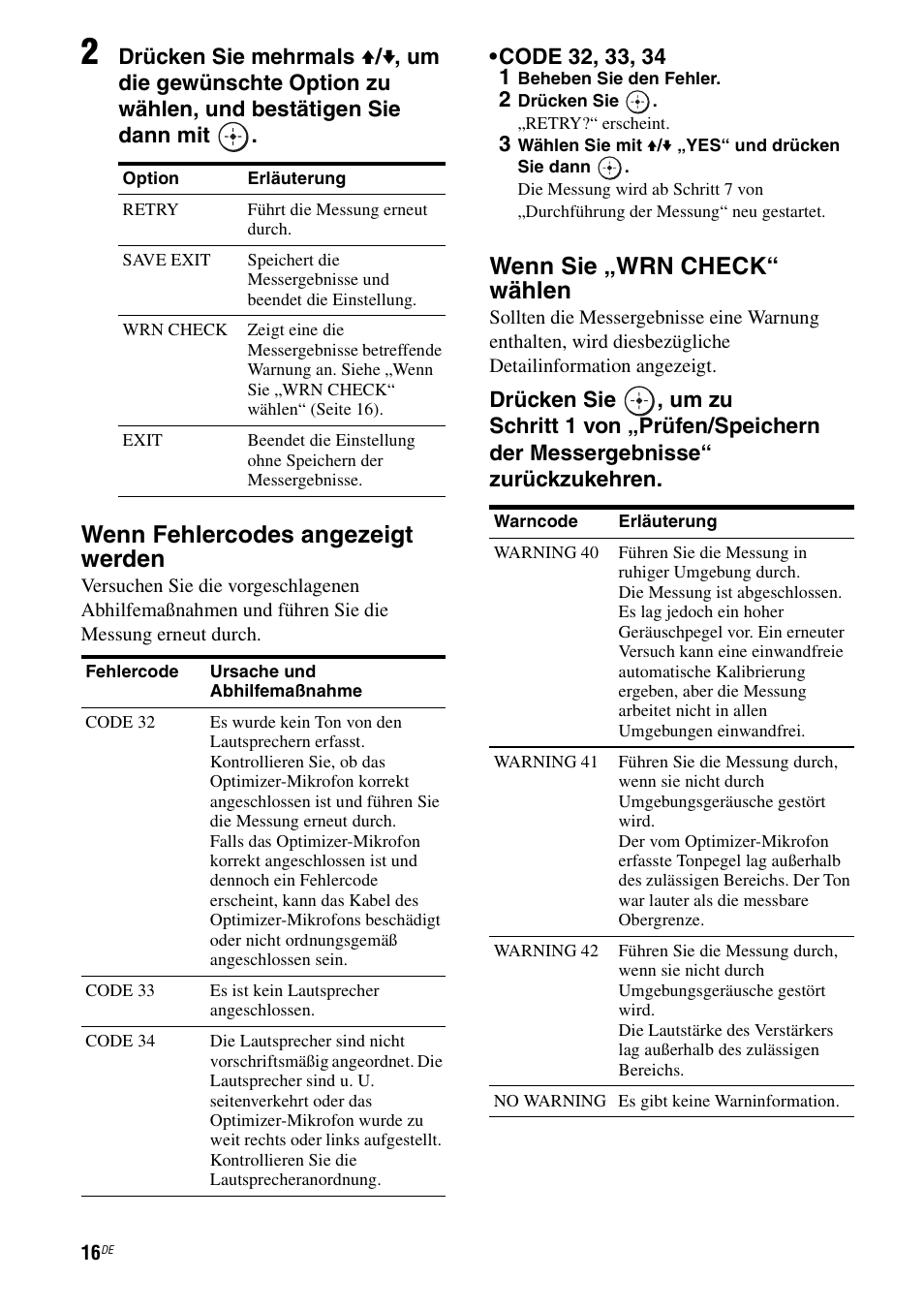 Wenn fehlercodes angezeigt werden, Wenn sie „wrn check“ wählen | Sony TA-F501ES User Manual | Page 84 / 96