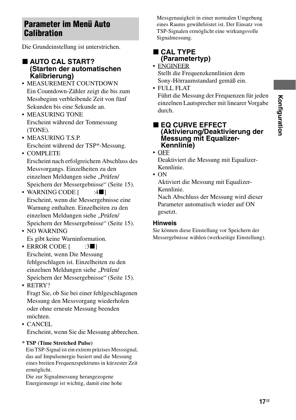 Parameter im menü auto calibration | Sony TA-F501ES User Manual | Page 85 / 96