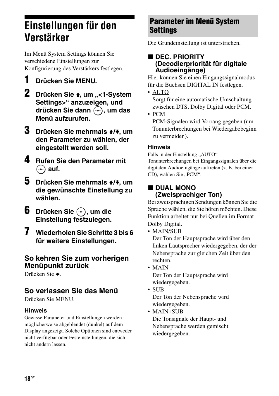 Einstellungen für den verstärker, Parameter im menü system settings | Sony TA-F501ES User Manual | Page 86 / 96