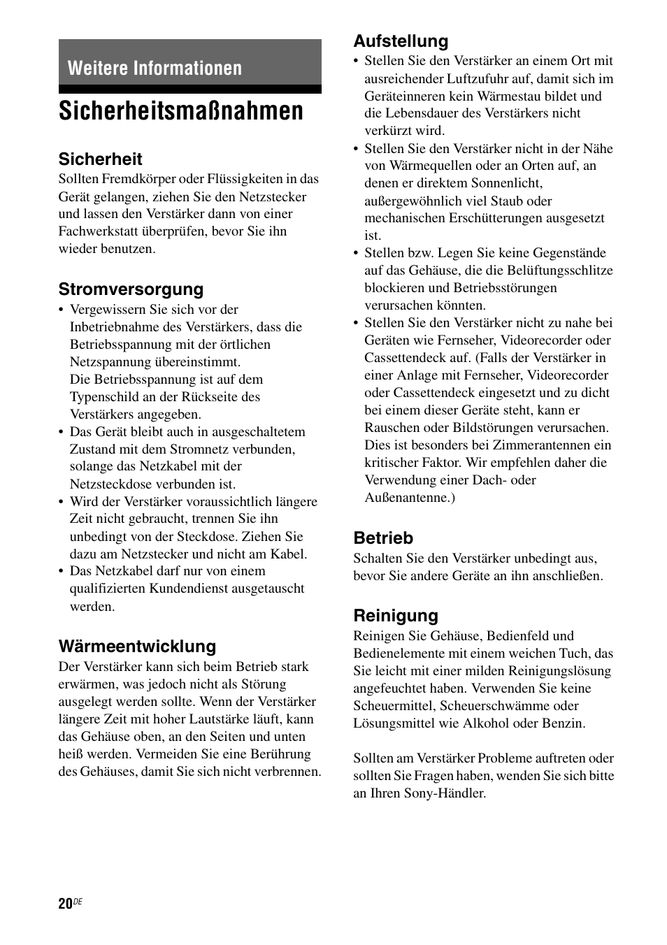 Weitere informationen, Sicherheitsmaßnahmen | Sony TA-F501ES User Manual | Page 88 / 96