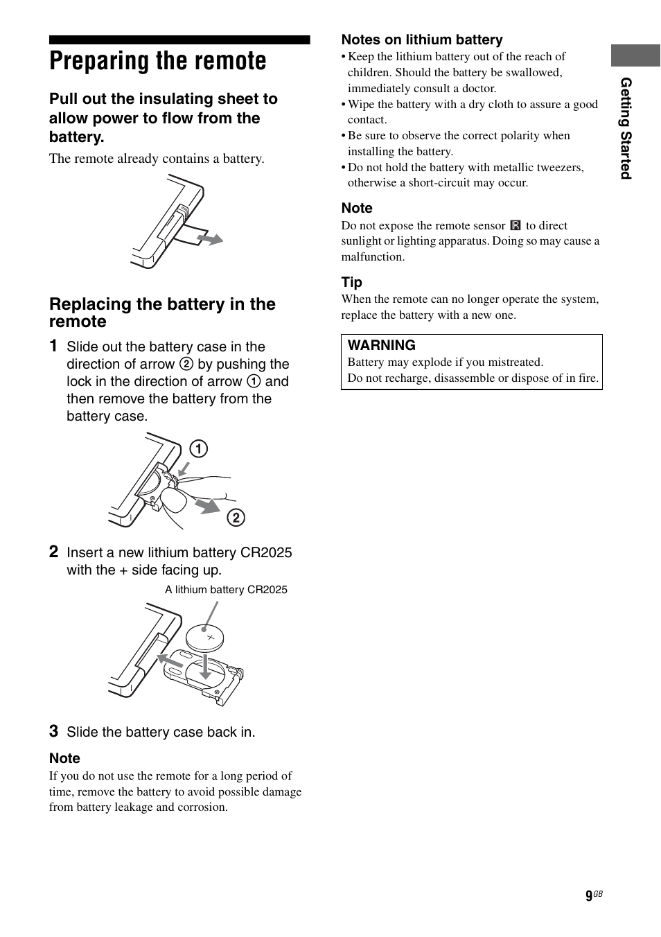 Preparing the remote, Replacing the battery in the remote 1 | Sony TA-F501ES User Manual | Page 9 / 96