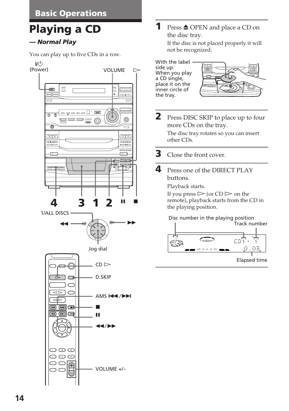 Playing a cd, Basic operations, Normal play | Press 6 open and place a cd on the disc tray, Close the front cover, Press one of the direct play buttons, You can play up to five cds in a row, The disc tray rotates so you can insert other cds, 1/u (power) | Sony XB88AV User Manual | Page 14 / 52