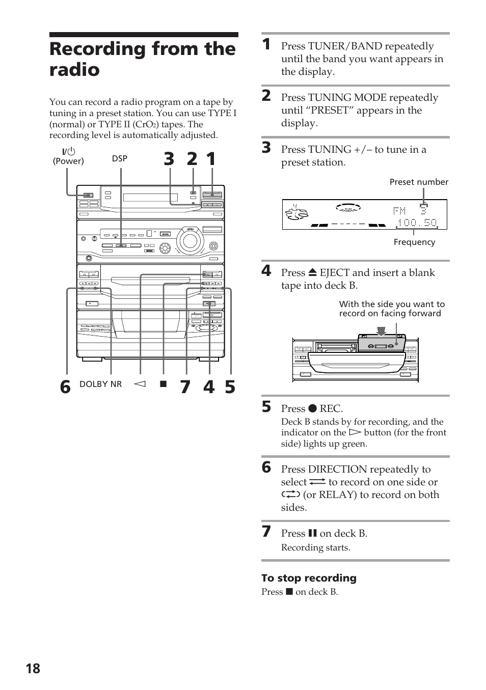 Recording from the radio, Press tuning +/– to tune in a preset station, Press 6 eject and insert a blank tape into deck b | Press r rec, Press p on deck b | Sony XB88AV User Manual | Page 18 / 52