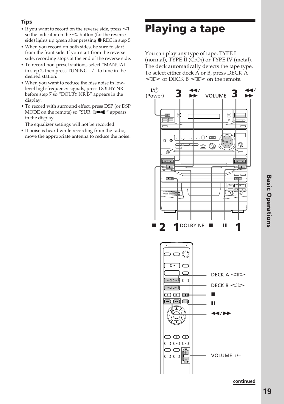 Playing a tape | Sony XB88AV User Manual | Page 19 / 52