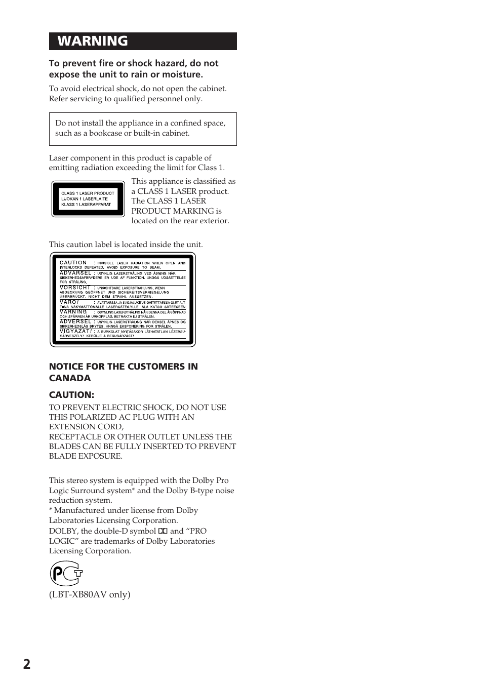 2warning | Sony XB88AV User Manual | Page 2 / 52