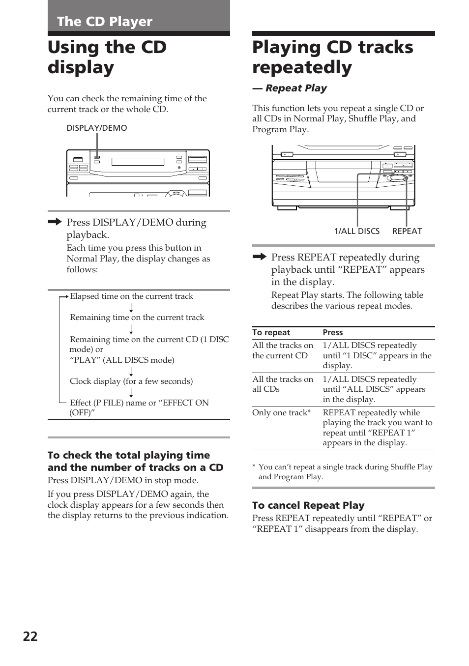 Playing cd tracks repeatedly, Using the cd display, The cd player | Sony XB88AV User Manual | Page 22 / 52