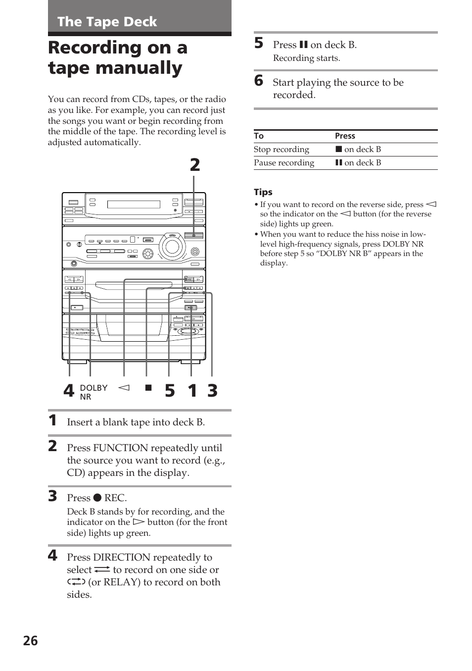 Recording on a tape manually, The tape deck | Sony XB88AV User Manual | Page 26 / 52