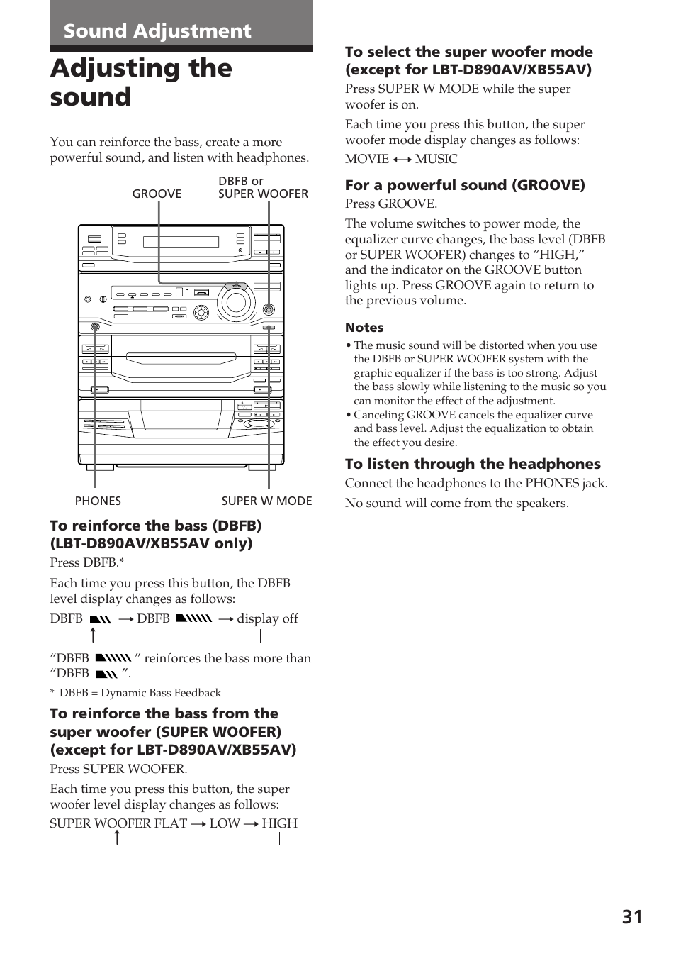 Adjusting the sound, Sound adjustment | Sony XB88AV User Manual | Page 31 / 52