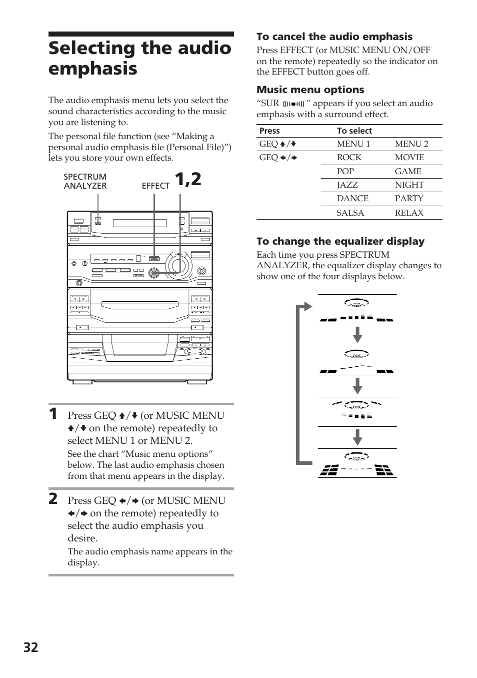 Selecting the audio emphasis | Sony XB88AV User Manual | Page 32 / 52