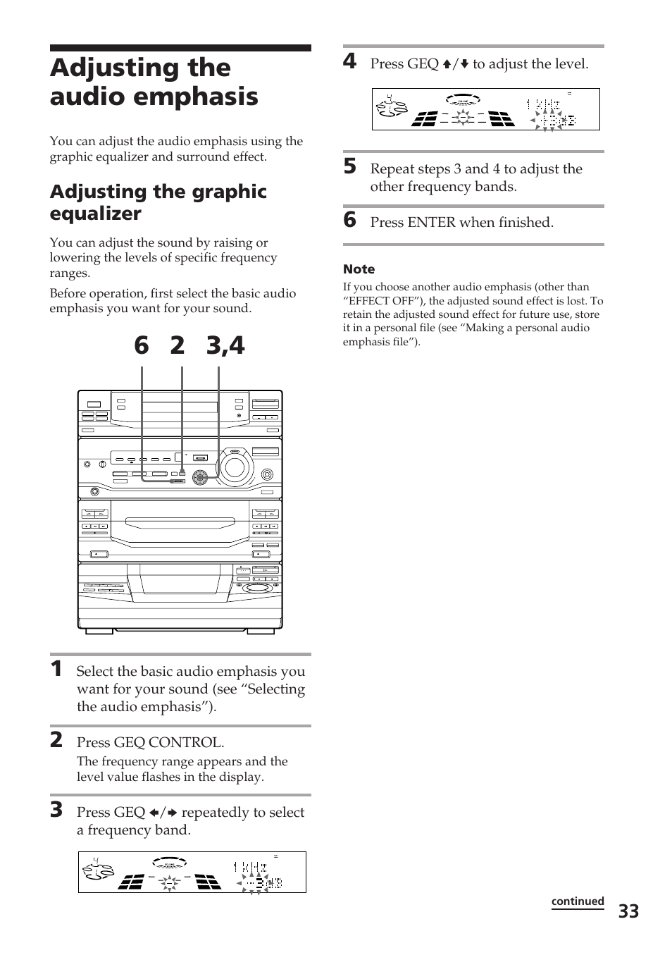 Adjusting the audio emphasis, Adjusting the graphic equalizer, Press geq control | Press geq v/v to adjust the level, Press enter when finished | Sony XB88AV User Manual | Page 33 / 52