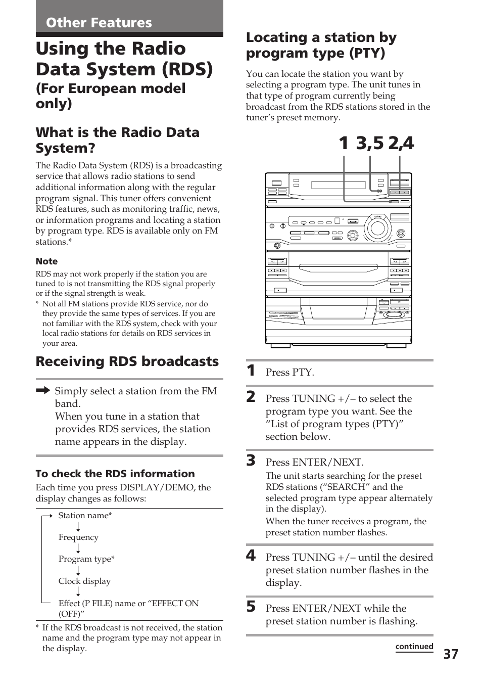 Using the radio data system (rds), 37 other features, Receiving rds broadcasts | Locating a station by program type (pty) | Sony XB88AV User Manual | Page 37 / 52