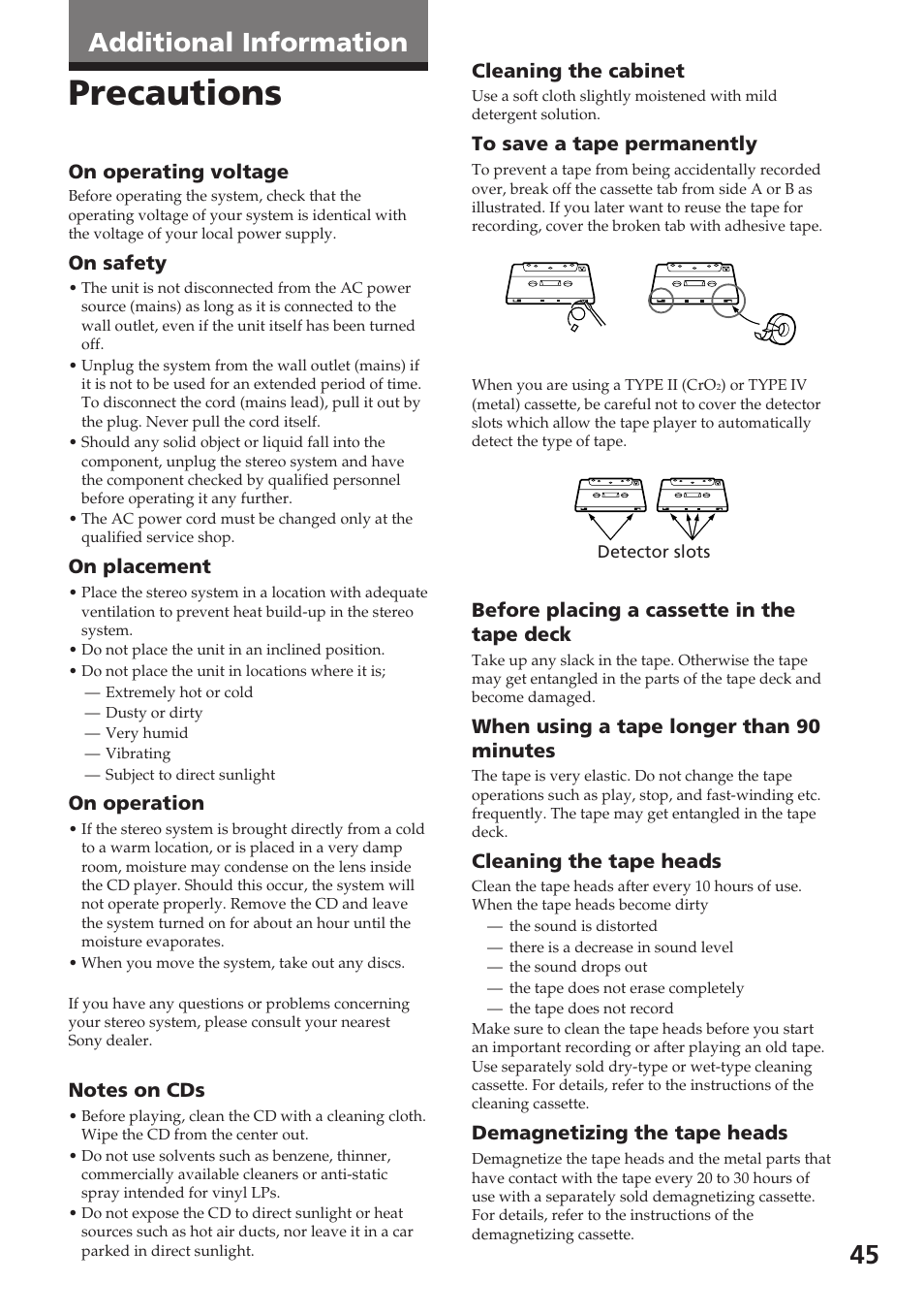 Precautions, Additional information | Sony XB88AV User Manual | Page 45 / 52