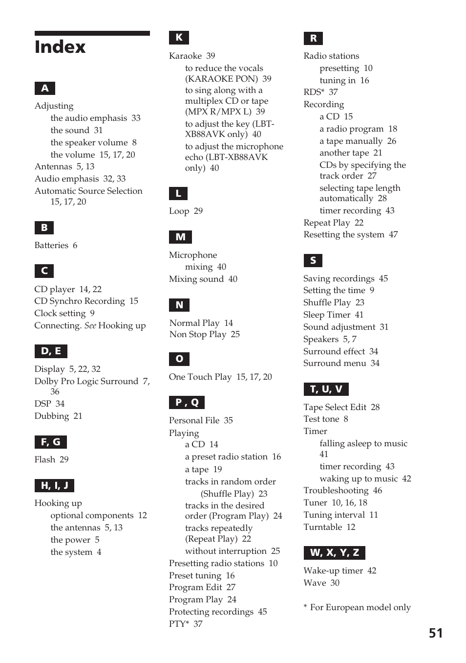 Index | Sony XB88AV User Manual | Page 51 / 52