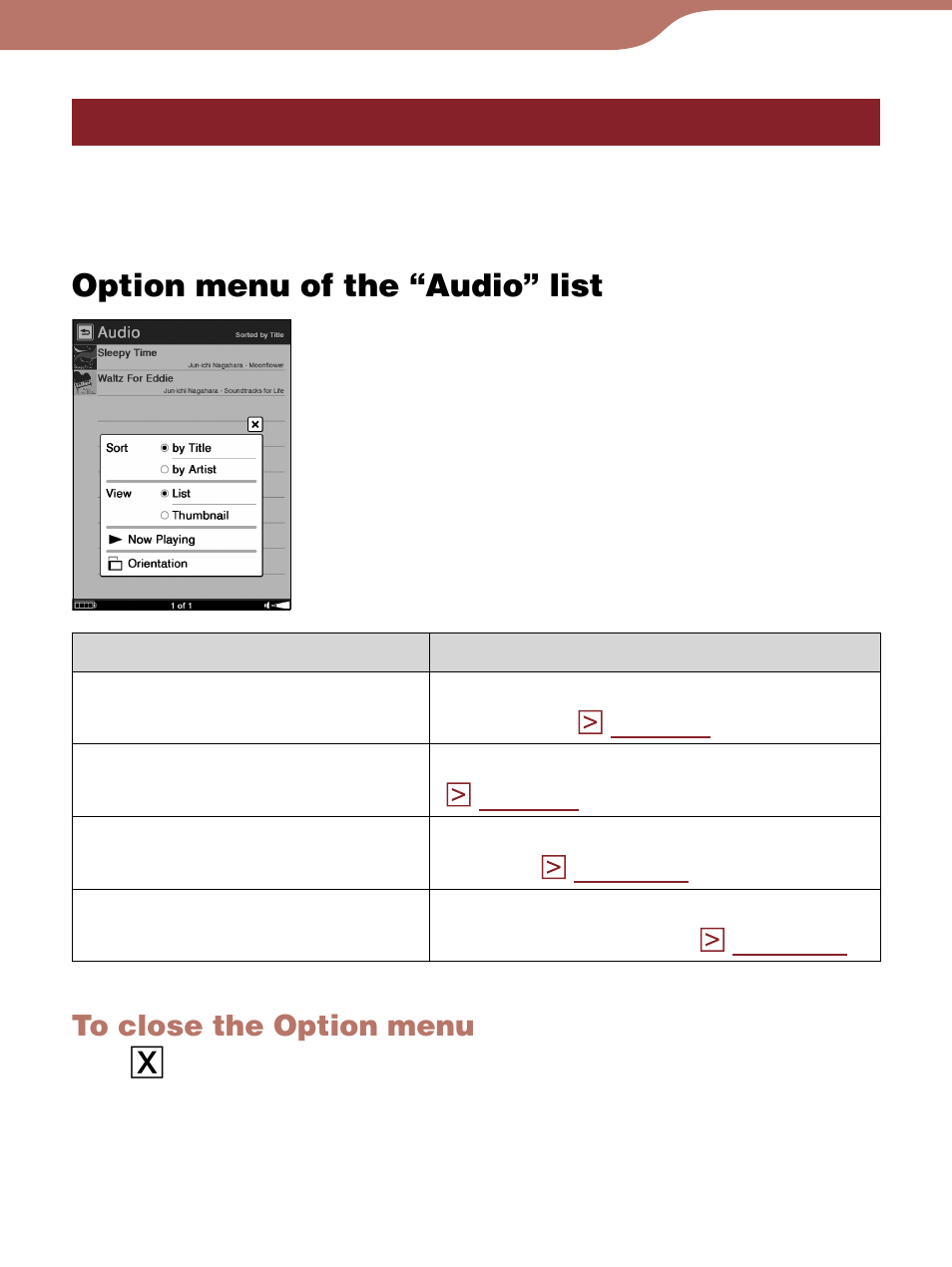 Using the option menu of audio | Sony Reader 4-153-621-14(1) User Manual | Page 131 / 190