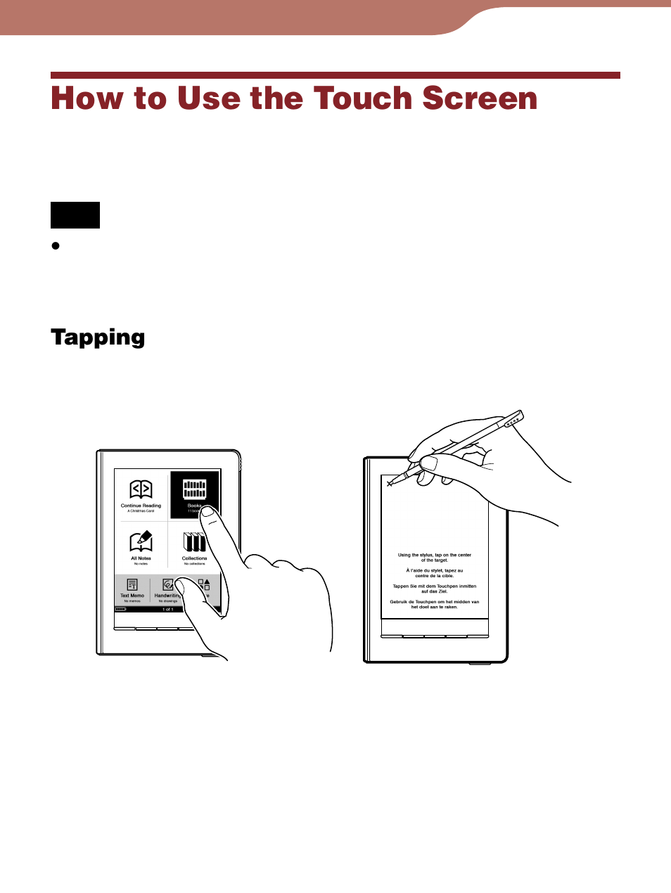 How to use the touch screen, Functions on the reader | Sony Reader 4-153-621-14(1) User Manual | Page 18 / 190