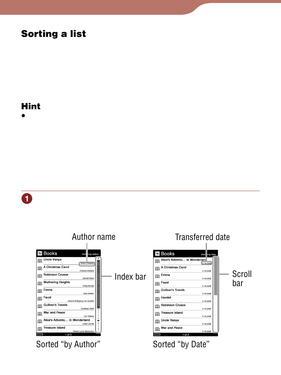 Sorting a list, Or order | Sony Reader 4-153-621-14(1) User Manual | Page 58 / 190