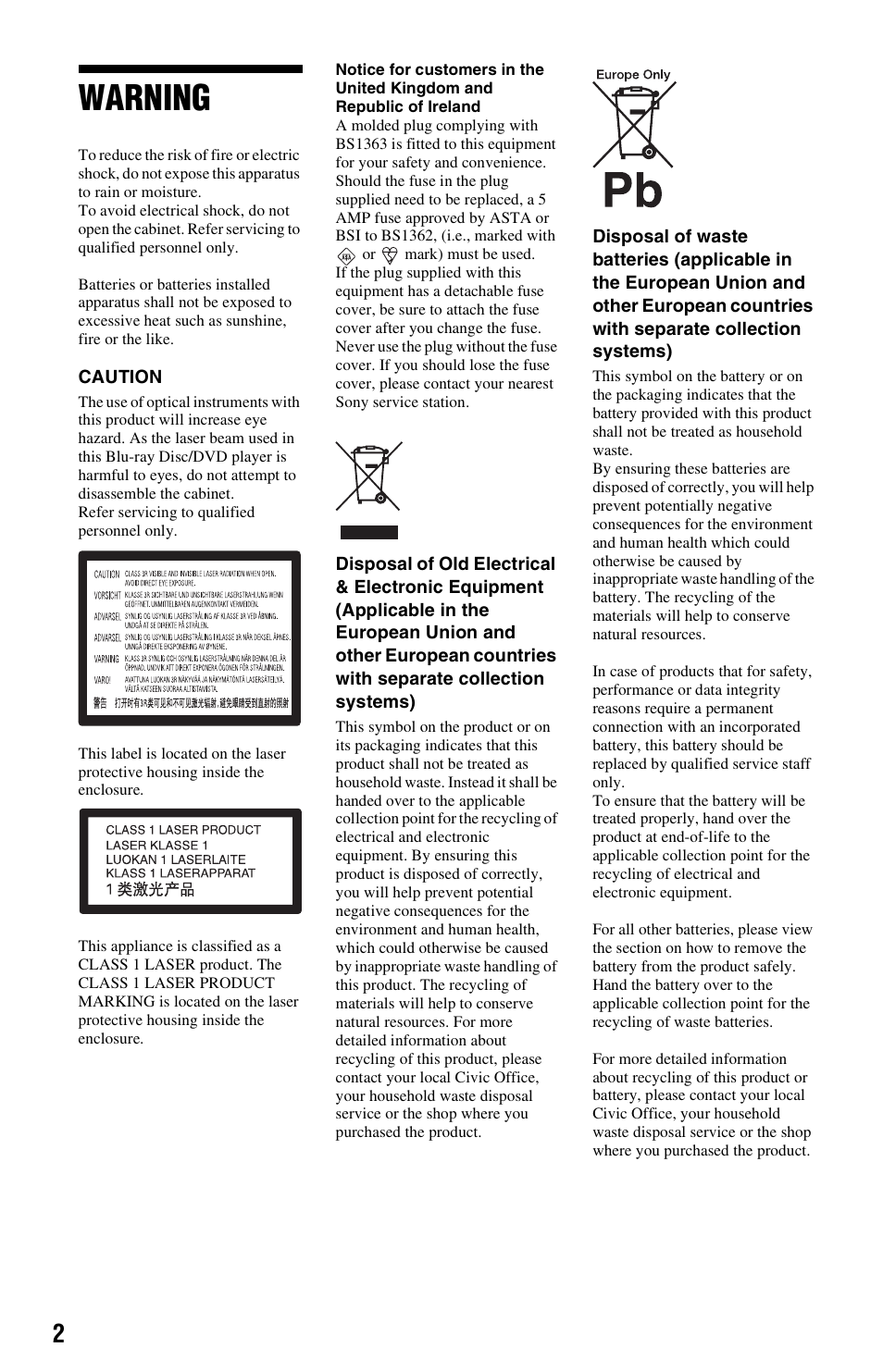 Warning | Sony 4-120-891-11(1) User Manual | Page 2 / 71