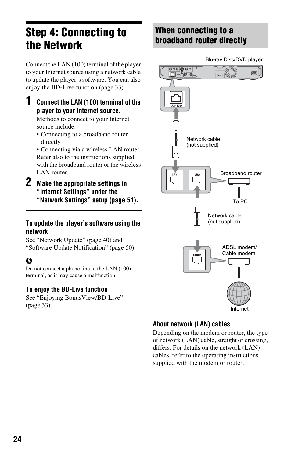 Step 4: connecting to the network, When connecting to a broadband router directly | Sony 4-120-891-11(1) User Manual | Page 24 / 71