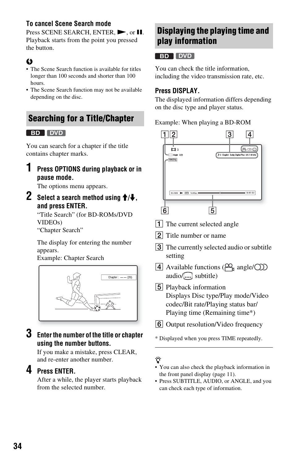 Searching for a title/chapter, Displaying the playing time and play information | Sony 4-120-891-11(1) User Manual | Page 34 / 71