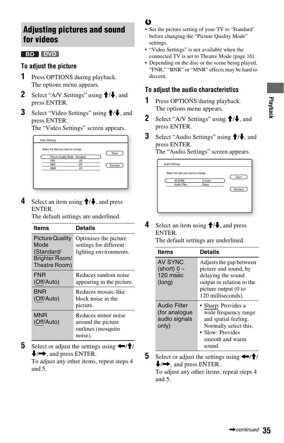 Adjusting pictures and sound for videos | Sony 4-120-891-11(1) User Manual | Page 35 / 71