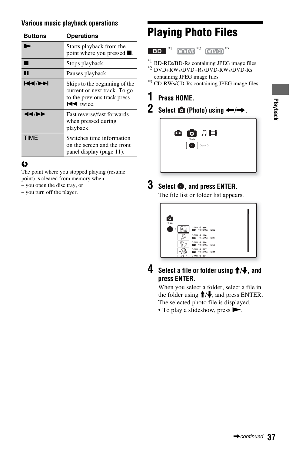 Playing photo files | Sony 4-120-891-11(1) User Manual | Page 37 / 71