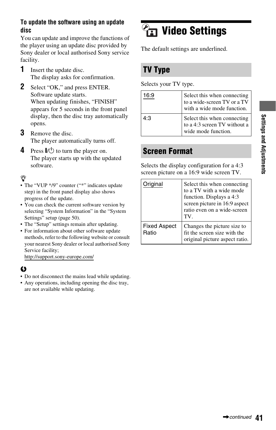 Video settings, Tv type, Screen format | Sony 4-120-891-11(1) User Manual | Page 41 / 71