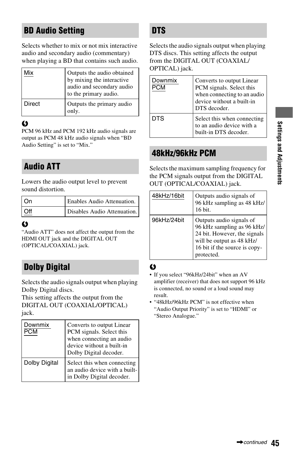 Bd audio setting, Audio att, Dolby digital | 48khz/96khz pcm | Sony 4-120-891-11(1) User Manual | Page 45 / 71