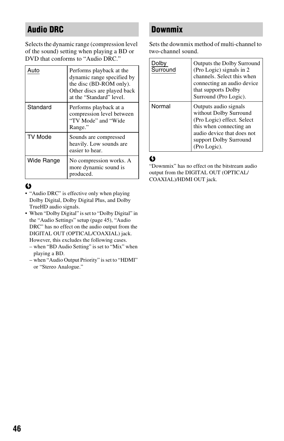 Audio drc, Downmix | Sony 4-120-891-11(1) User Manual | Page 46 / 71