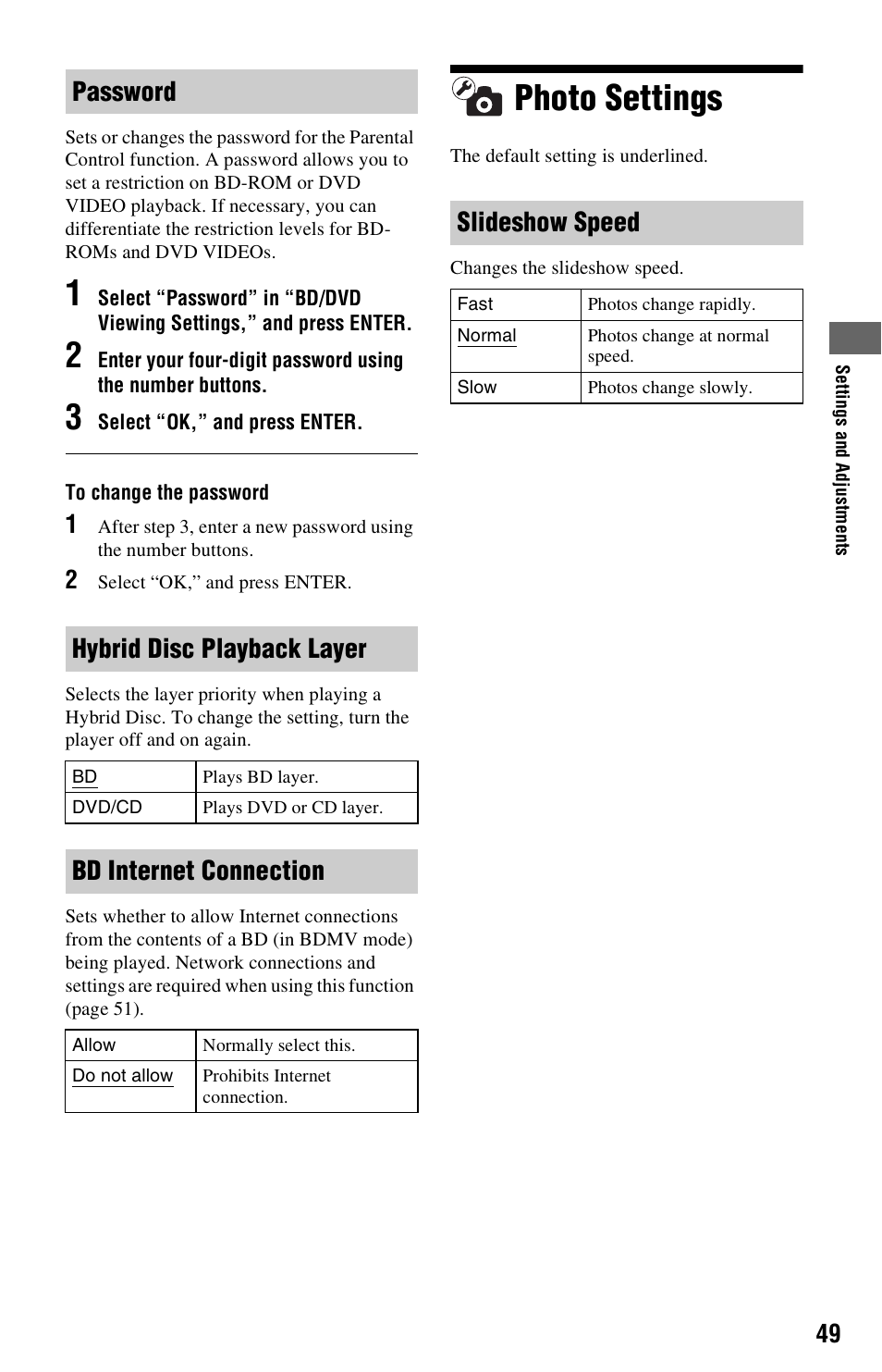 Photo settings, Password hybrid disc playback layer, Bd internet connection | Slideshow speed | Sony 4-120-891-11(1) User Manual | Page 49 / 71