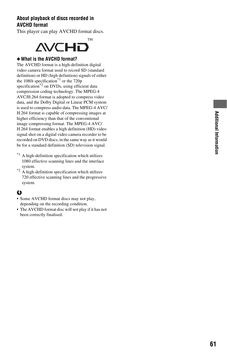 About playback of discs recorded in avchd format | Sony 4-120-891-11(1) User Manual | Page 61 / 71