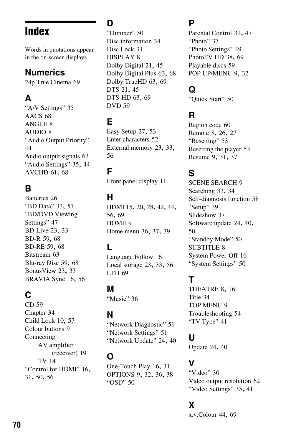Index, Numerics | Sony 4-120-891-11(1) User Manual | Page 70 / 71