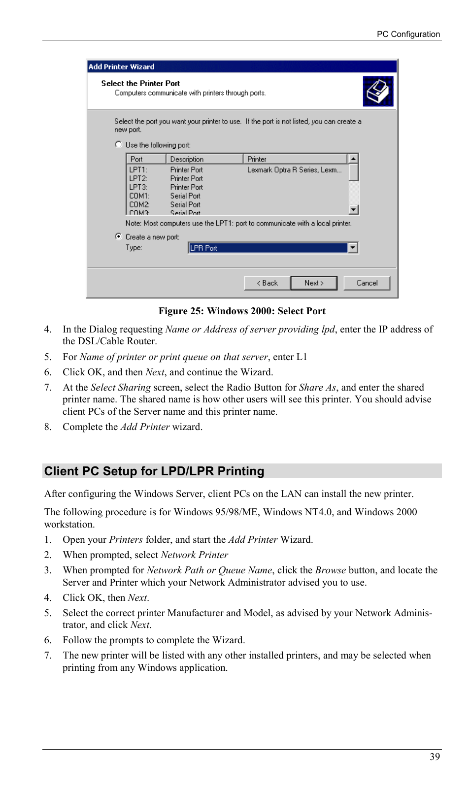 Client pc setup for lpd/lpr printing | Sony SS2624 User Manual | Page 42 / 91