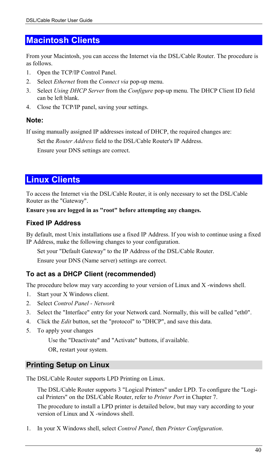 Macintosh clients, Linux clients, Macintosh clients linux clients | Printing setup on linux | Sony SS2624 User Manual | Page 43 / 91