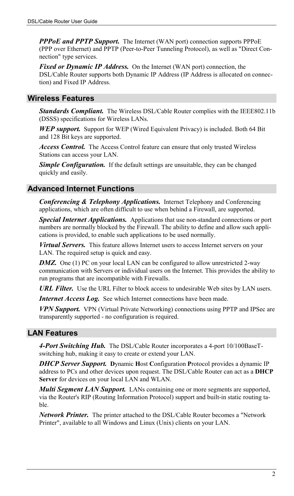 Wireless features, Advanced internet functions, Lan features | Sony SS2624 User Manual | Page 5 / 91