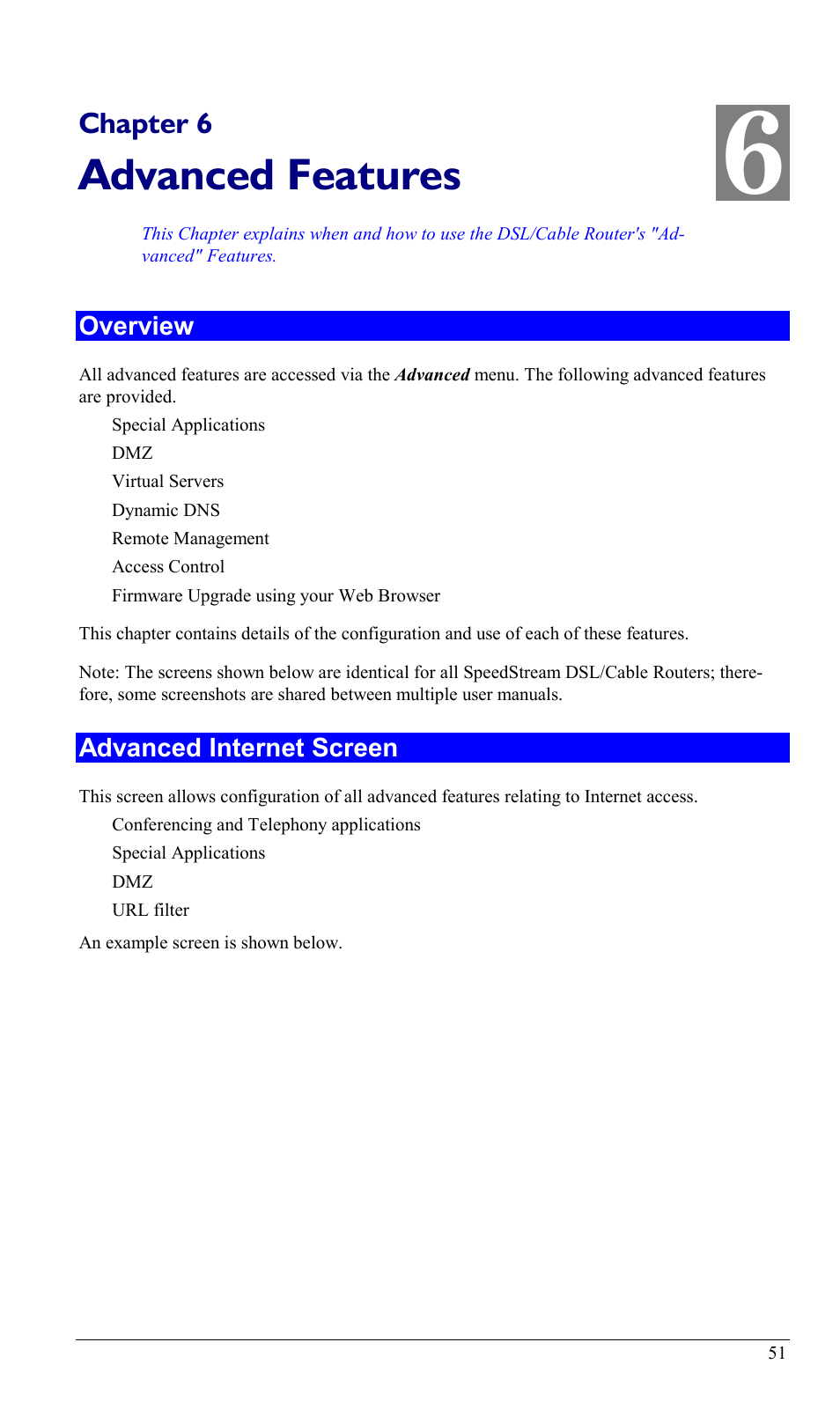 Chapter 6 advanced features, Overview, Advanced internet screen | Overview advanced internet screen, Advanced features, Chapter 6 | Sony SS2624 User Manual | Page 54 / 91