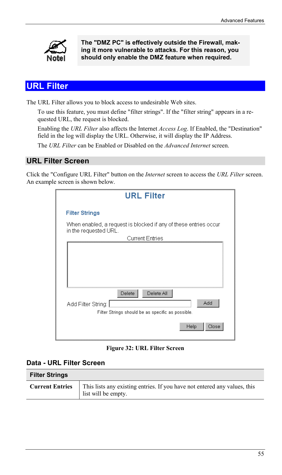 Url filter, Url filter screen | Sony SS2624 User Manual | Page 58 / 91