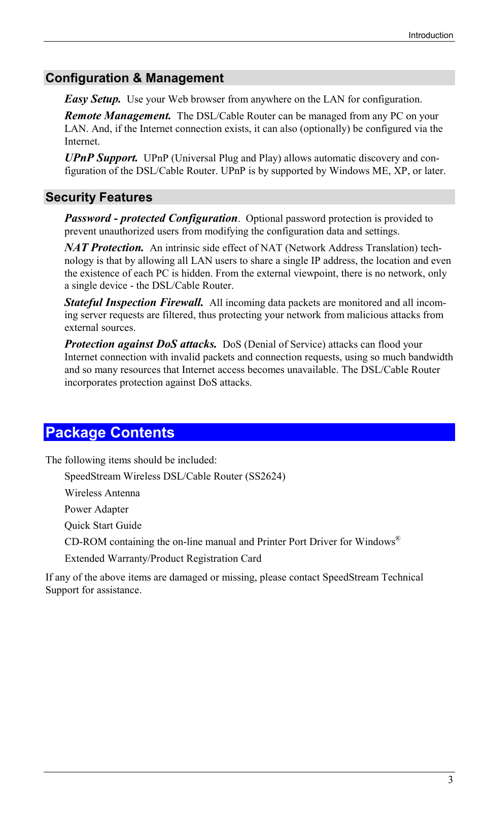 Package contents, Configuration & management, Security features | Sony SS2624 User Manual | Page 6 / 91