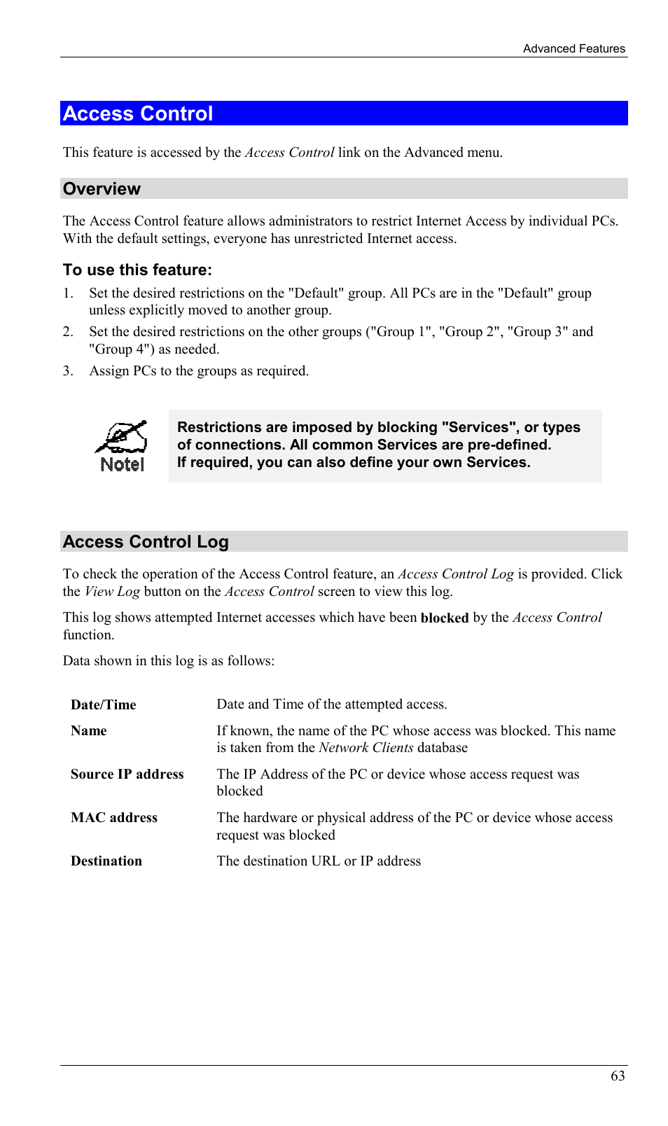 Access control, Overview, Access control log | Sony SS2624 User Manual | Page 66 / 91