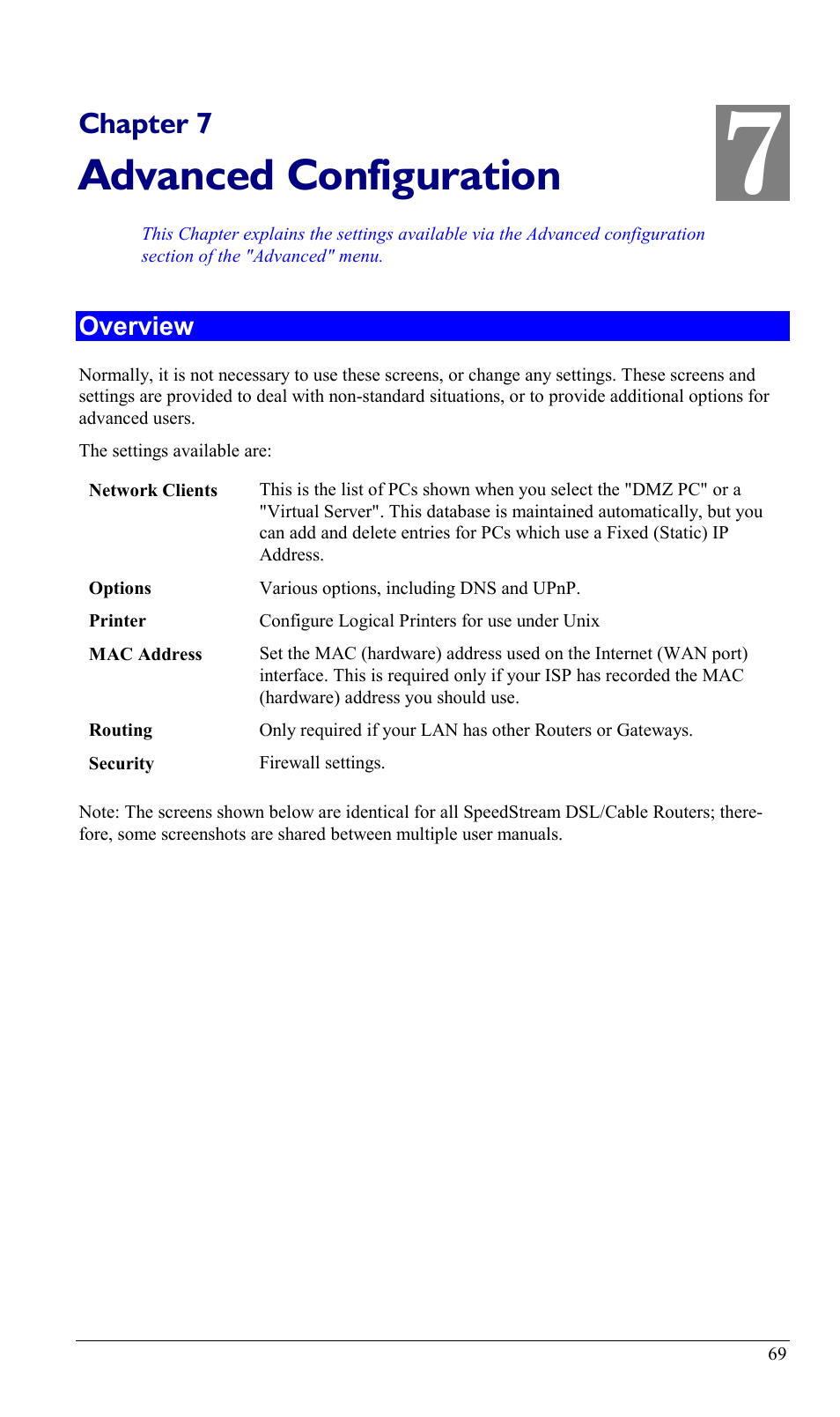 Chapter 7 advanced configuration, Overview, Advanced configuration | Chapter 7 | Sony SS2624 User Manual | Page 72 / 91