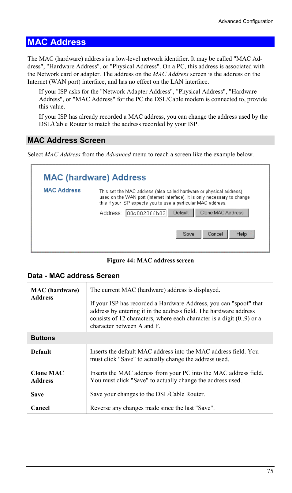 Mac address, Mac address screen | Sony SS2624 User Manual | Page 78 / 91