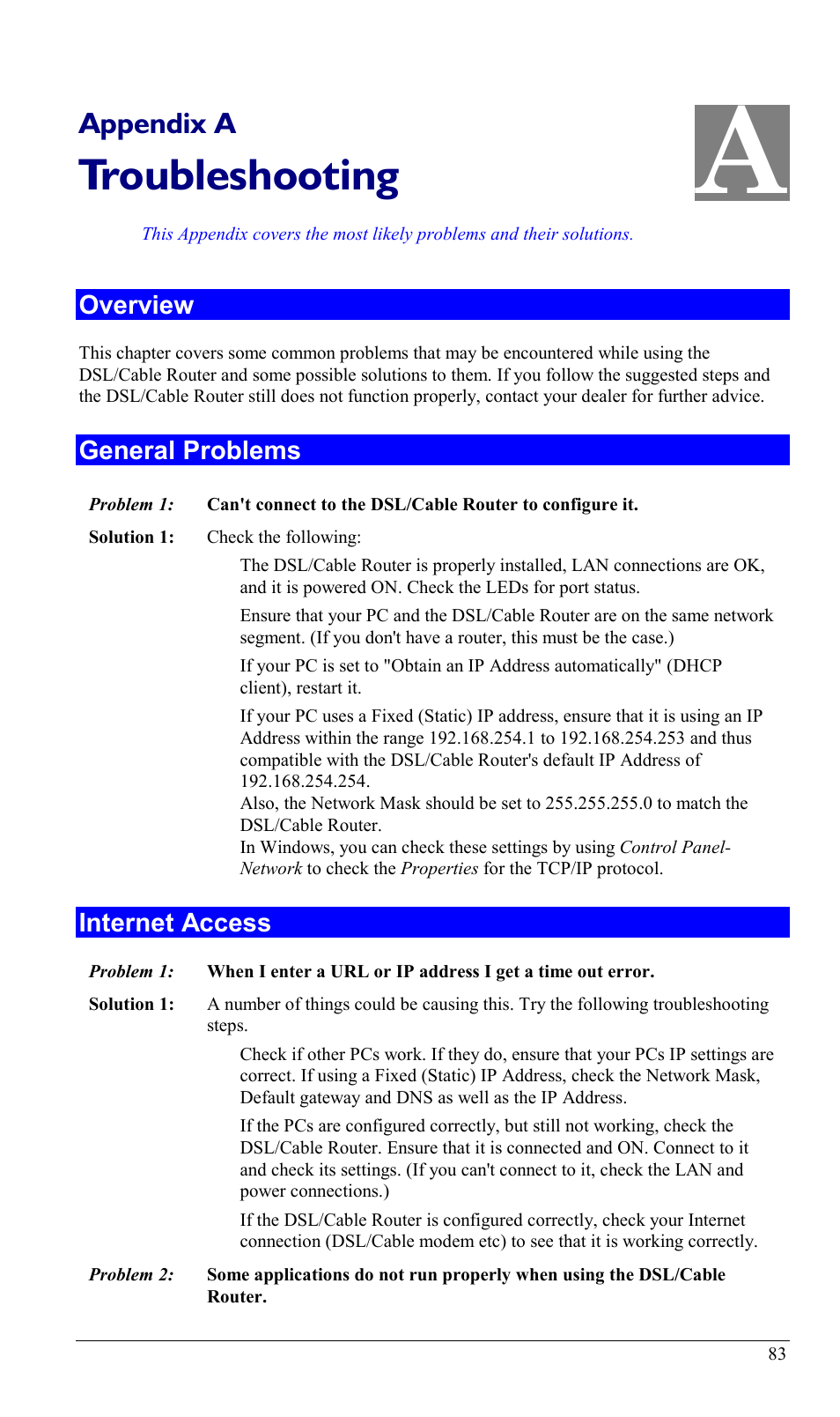 Appendix a troubleshooting, Overview, General problems | Overview general problems internet access, Troubleshooting, Appendix a, Internet access | Sony SS2624 User Manual | Page 86 / 91