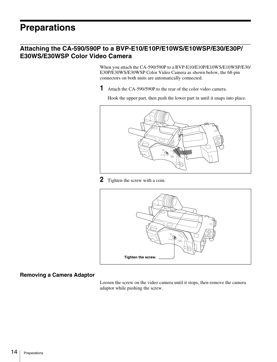 Preparations, Attaching the ca-590/590p to a bvp-e10/e10p/e10ws, E10wsp/e30/e30p/e30ws/e30wsp color video camera | Sony CA-590 User Manual | Page 14 / 22