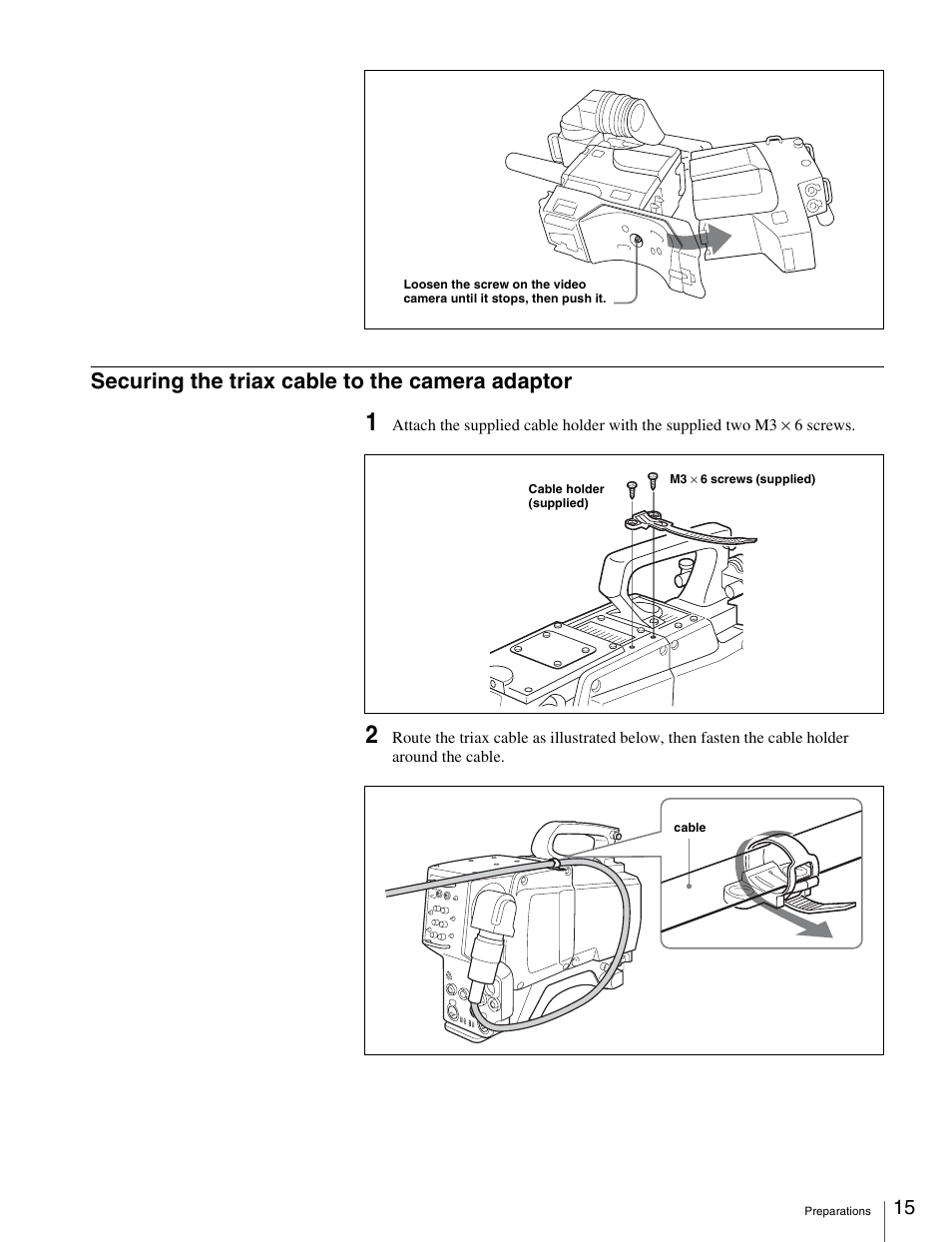 Securing the triax cable to the camera adaptor | Sony CA-590 User Manual | Page 15 / 22