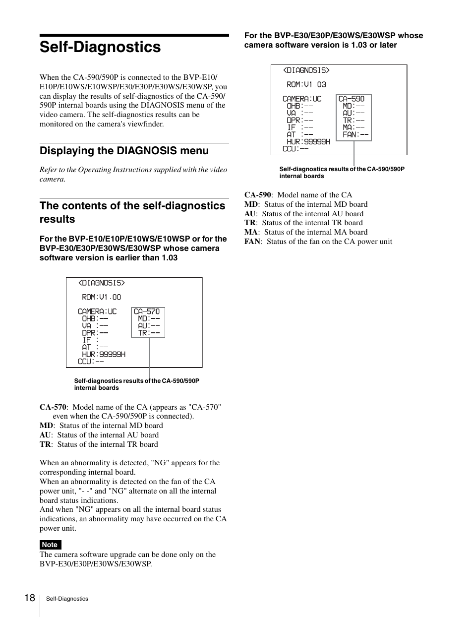 Self-diagnostics, Displaying the diagnosis menu, The contents of the self-diagnostics results | Sony CA-590 User Manual | Page 18 / 22