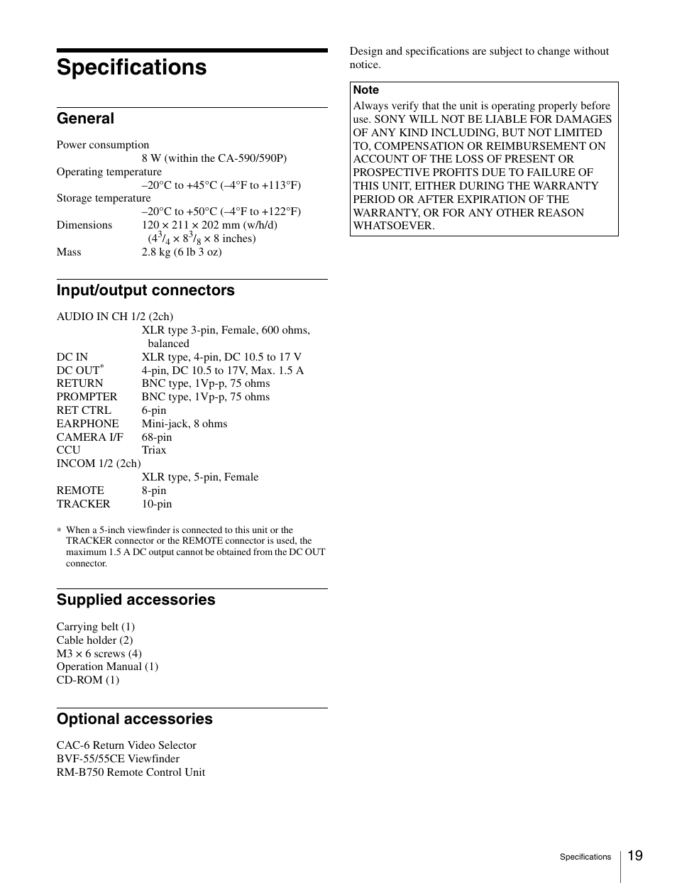 Specifications, General, Input/output connectors | Supplied accessories, Optional accessories | Sony CA-590 User Manual | Page 19 / 22